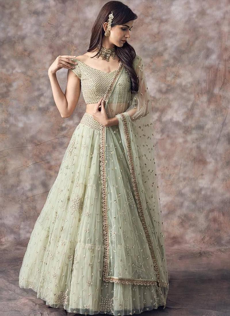 Olive Green Color Party Wear Net Base Designer Lehenga Choli Sale Supply