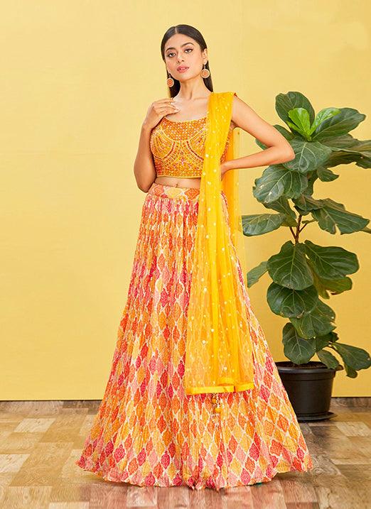 Yellow Chinnon Lehenga Choli with Real Mirror & Zari Sequin Embroidery Geniue Stockist