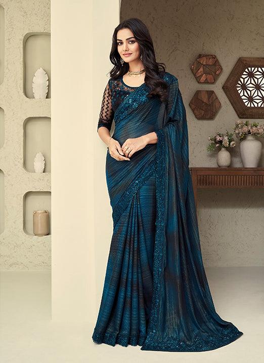 Rama Color Party Wear Net Base Sleeves Silk Saree Cheap Online Online