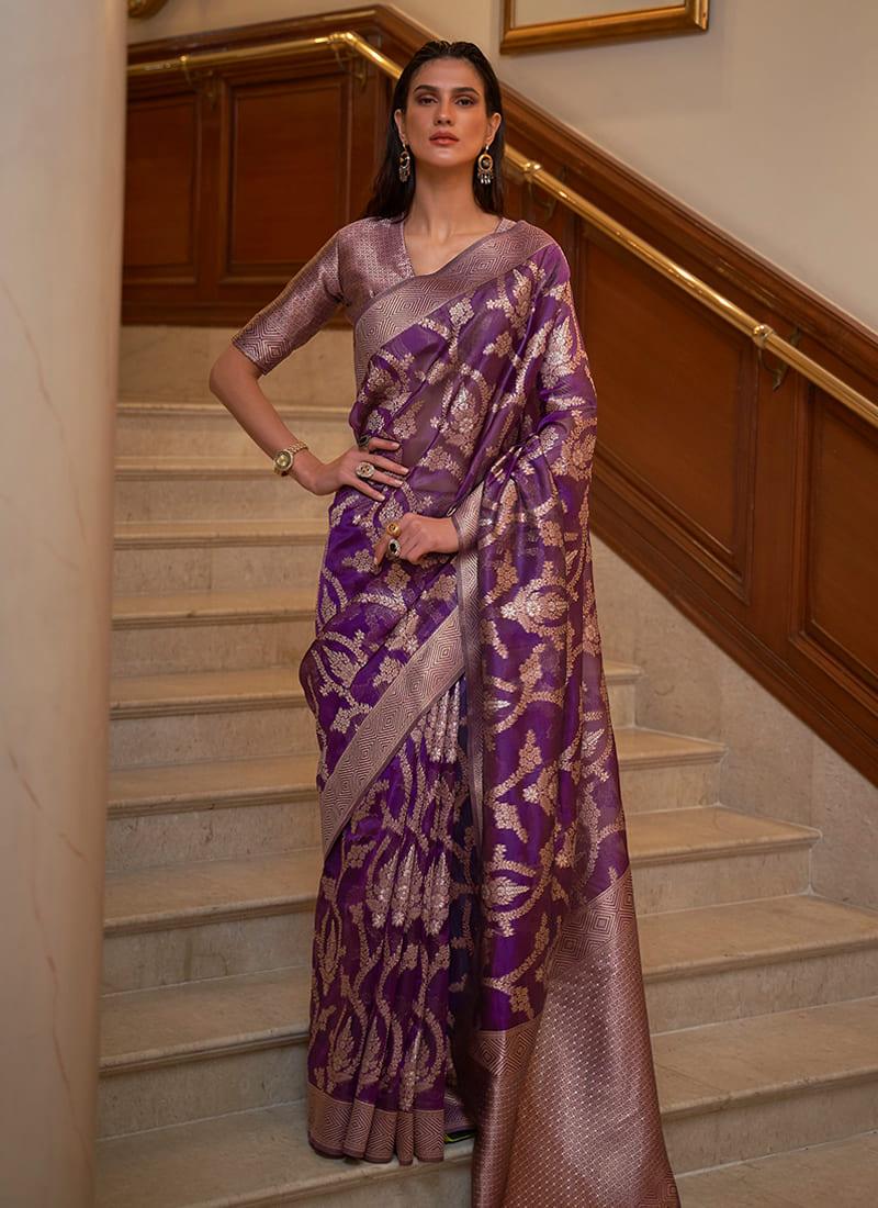 Zari Weaving Purple Two Tone Organza Saree Huge Surprise For Sale