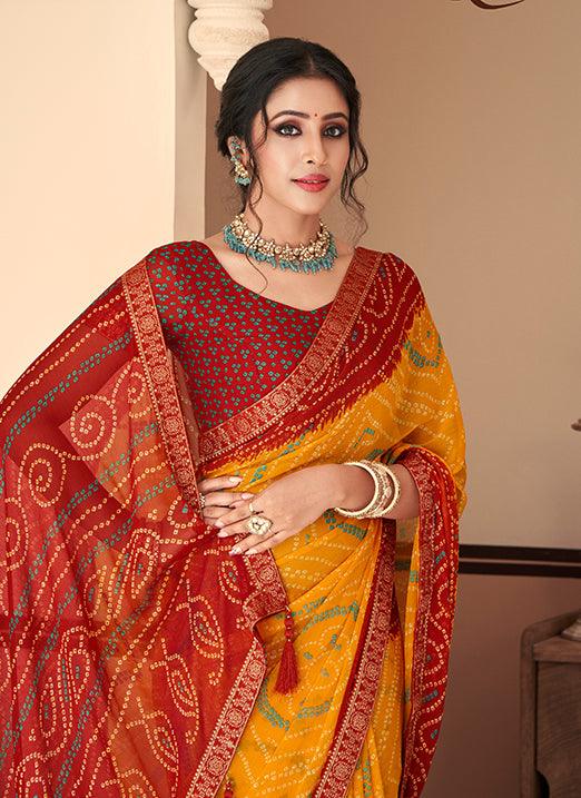 Graceful Yellow & Red Bandhani Chiffon Saree Cheapest Pice Cheap Pice