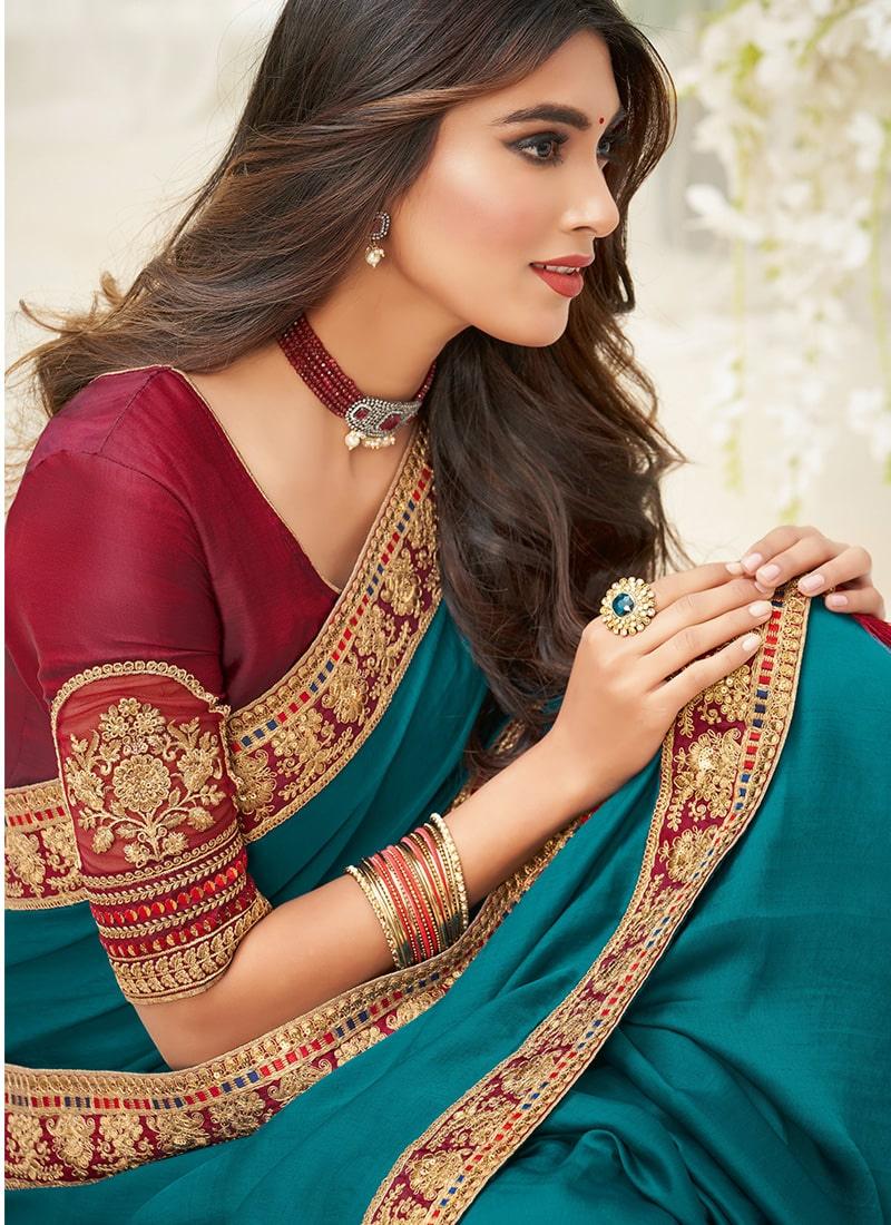 Teal Green Color Silk Fabric Dori Work Half And Half Saree With Laced Border Cheap Sale Sale