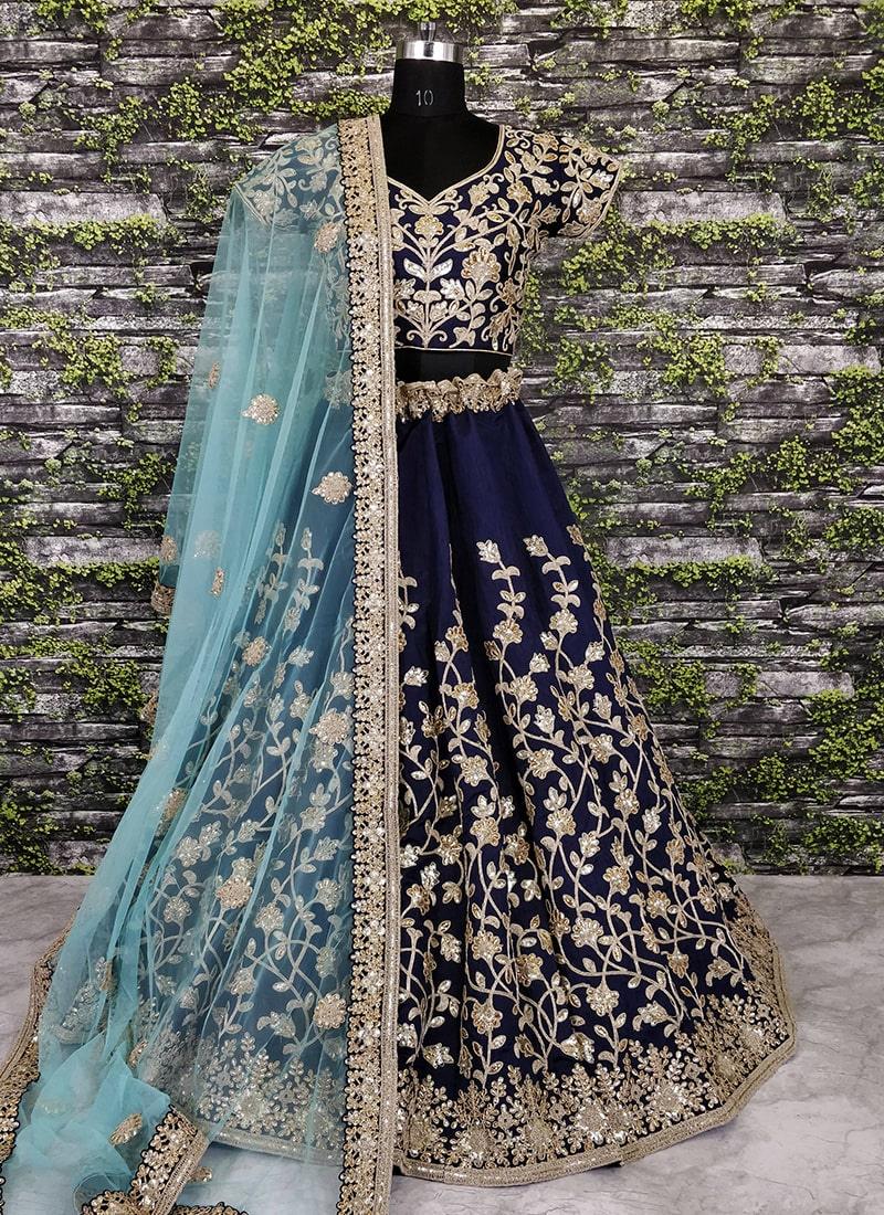 Navy Blue Banglori Silk Lehenga Choli With Applique Embroidery Work Cheap Sale How Much