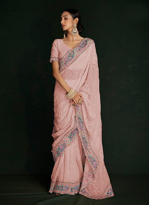 Entrancing Peach Lucknowi Embroidered Georgette Saree Outlet Find Great