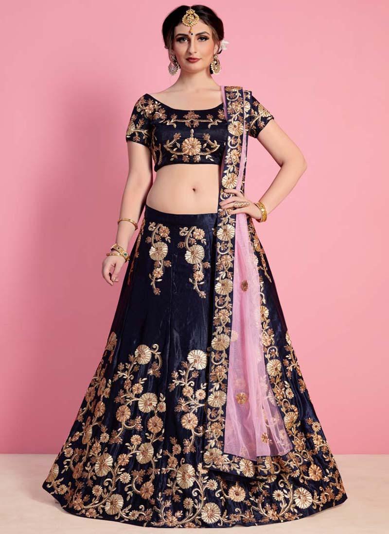 Navy Blue Velvet Embroidered Lehenga Choli Set Wholesale Pice For Sale