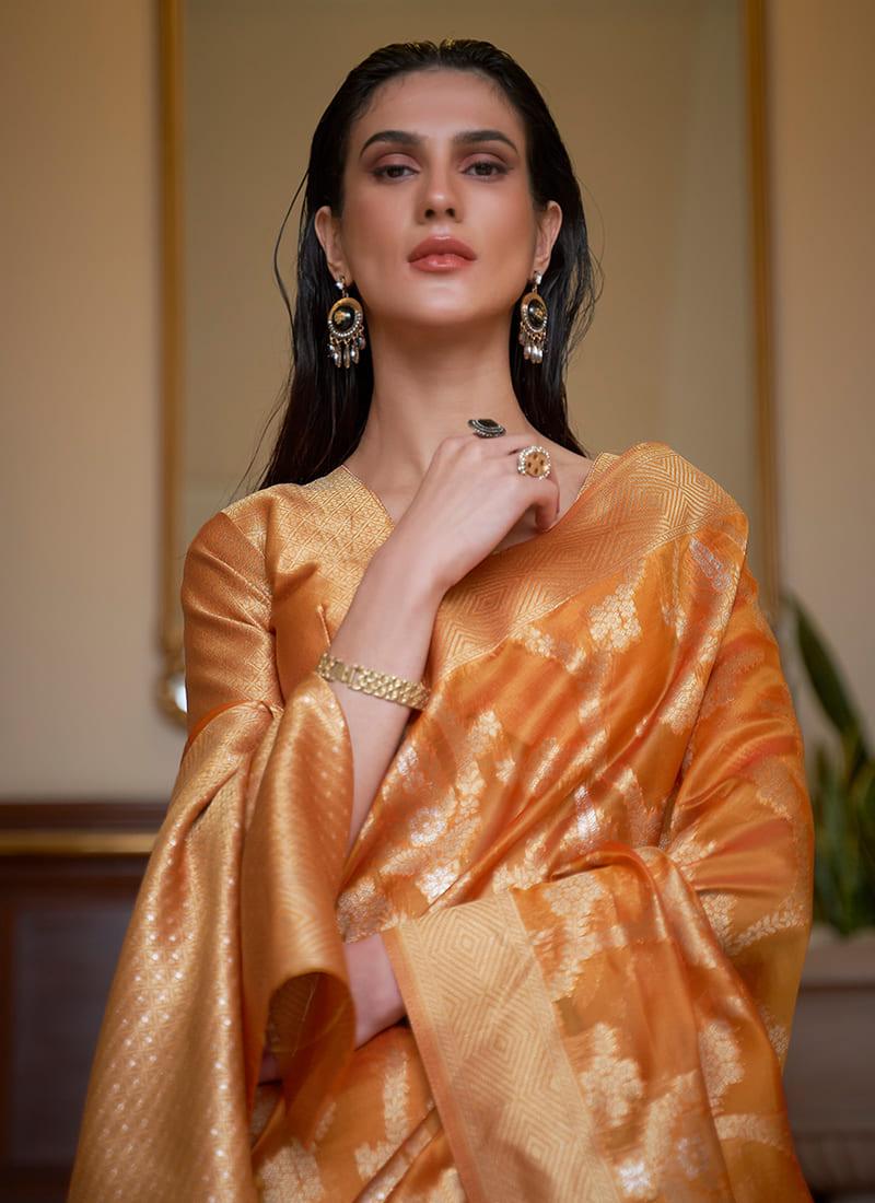 Zari Weaving Orange Two Tone Organza Saree Cheap Sale Shop For