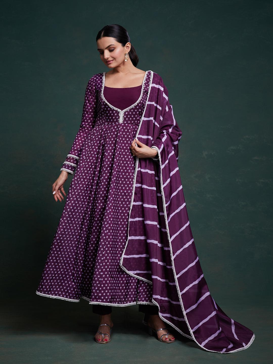 Purple bandhani pattern anarkali suit Cheap Sale Explore