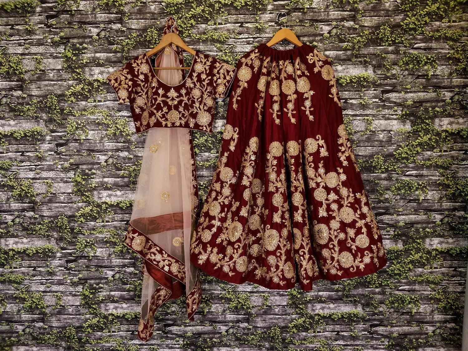 Gulkand Maroon Floral Motif Elegance Velvet Base Bridal Lehenga Choli Cheap Sale Really