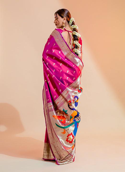 Pink Zari Weaving Pure Paithani Silk Saree Amazon Online