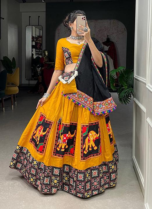 Mustard Yellow Navratri Lehenga Choli in Pure Cotton with Gamthi Patch Work Newest Cheap Pice