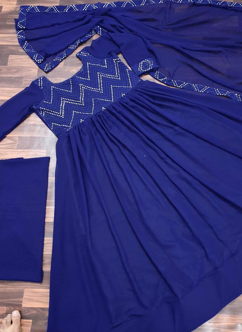 Eye-captivating Royal Blue Color Georgette Base With Embroidery Work Designer Anarkali Suit Clearance Purchase