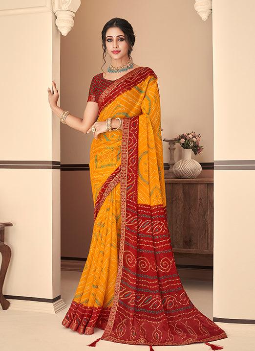 Graceful Yellow & Red Bandhani Chiffon Saree Cheapest Pice Cheap Pice