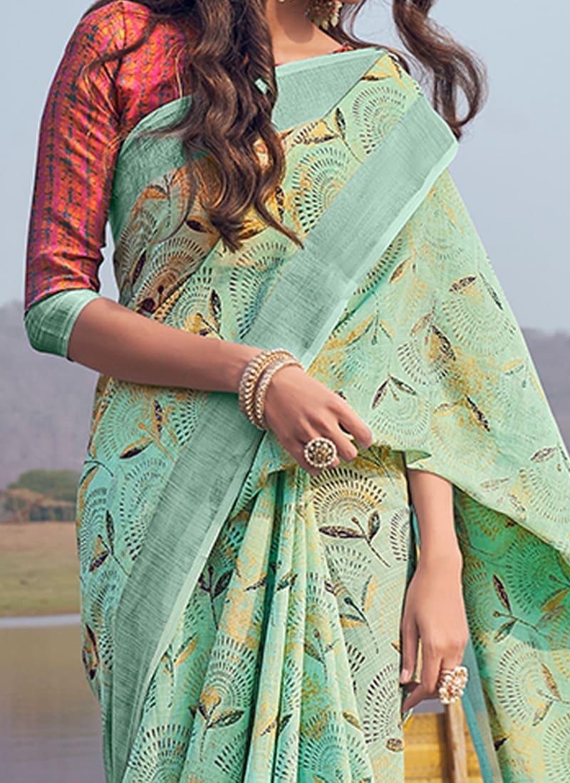 Light Green Casual Printed Floral Saree Free Shipping Nicekicks