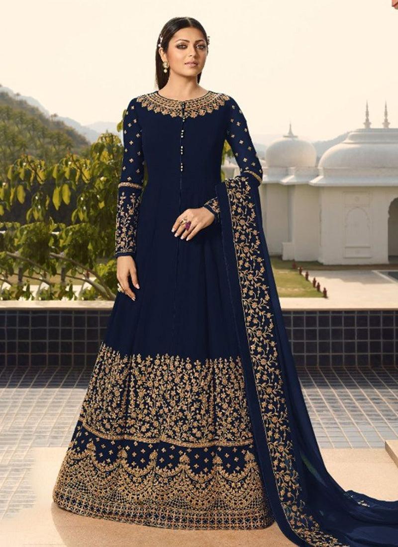 Navy Blue Georgette Base Wedding Wear Embroidery Work Anarkali Suit Discounts Cheap Pice