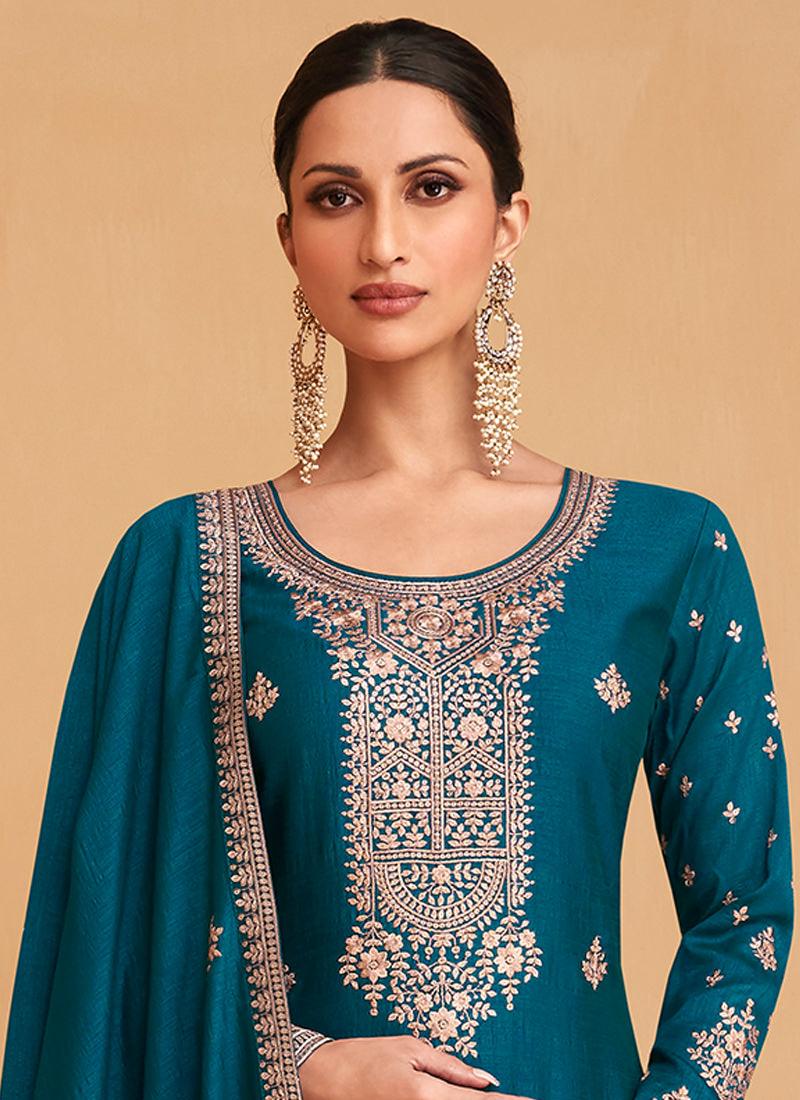 Silk Base Rama Blue Palazzo Suit With Sequins Zari Work Sale In China