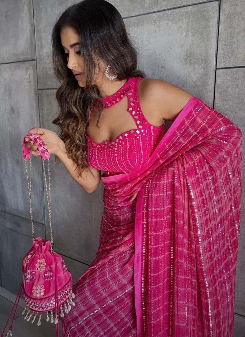 Astonishing Pink Color Silk Fabric Sequins And Mirror work Embroidered Saree Inexpensive Sale Online