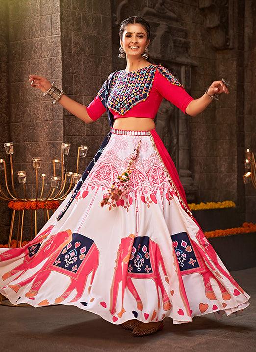 Gamthi Printed Navratri Lehenga Choli in White with Pink and Blue Cheap Sale Ebay