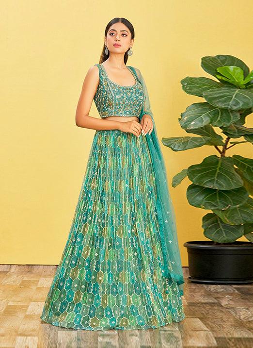 Green Organza Lehenga Choli with Real Mirror & Zari Sequins Embroidery With Paypal Sale Online