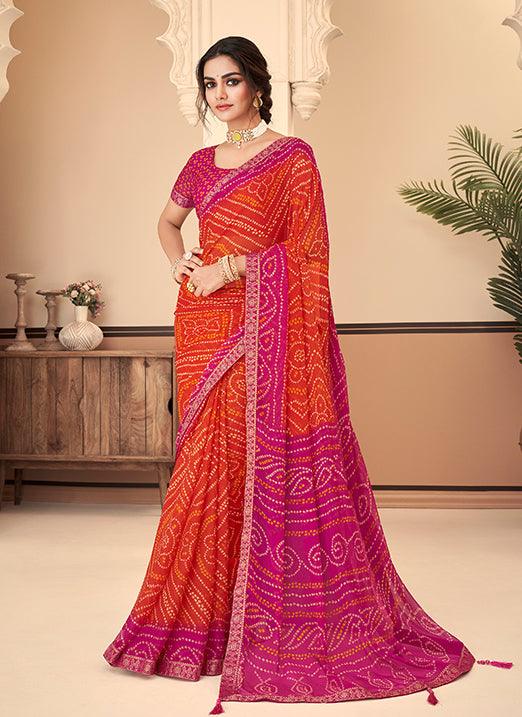Graceful Pink & Orange Bandhani Chiffon Saree Best Deals