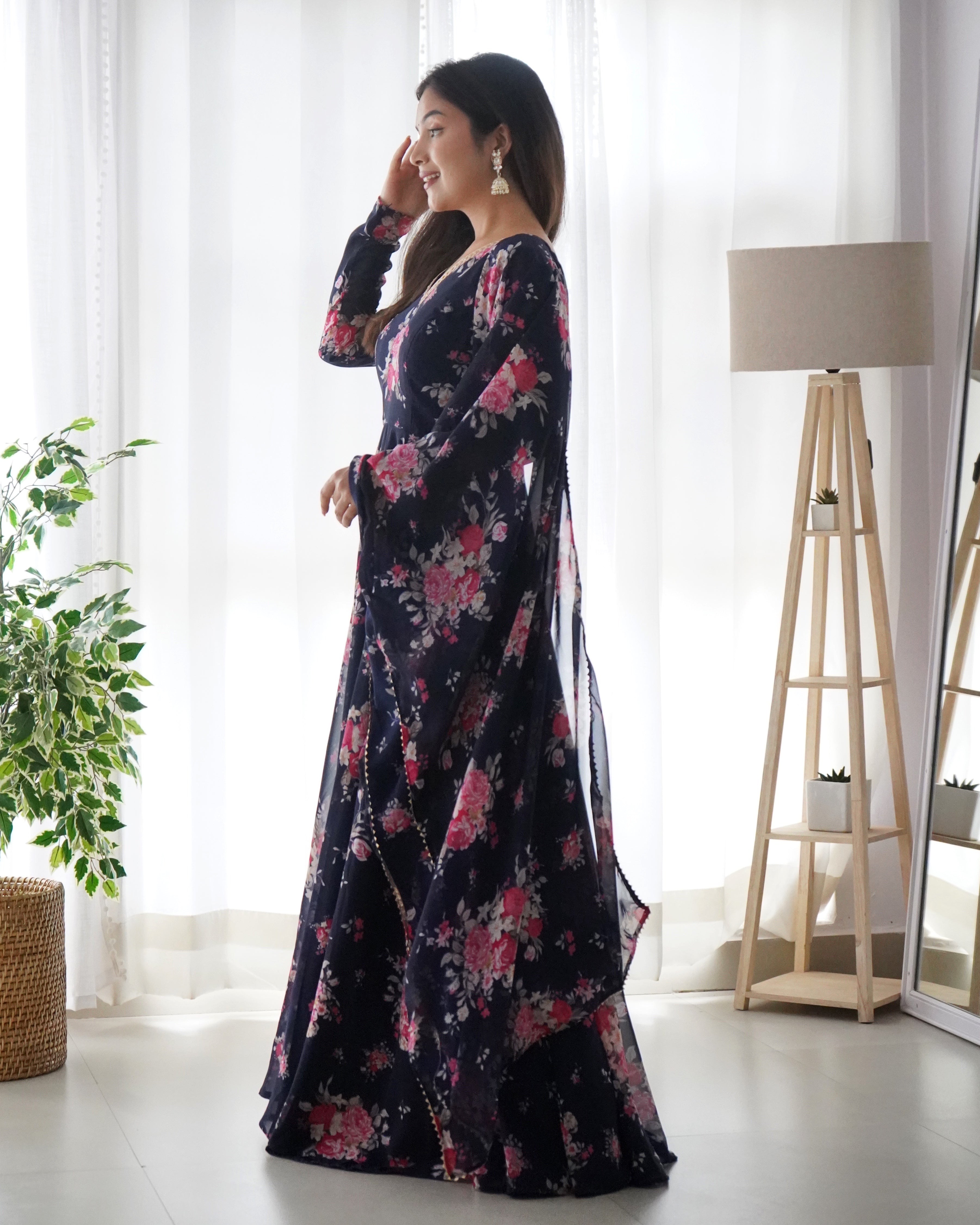 Navy Blue Faux Georgette Floral Digital Printed Anarkali With Dupatta Cheap Sale Tumblr