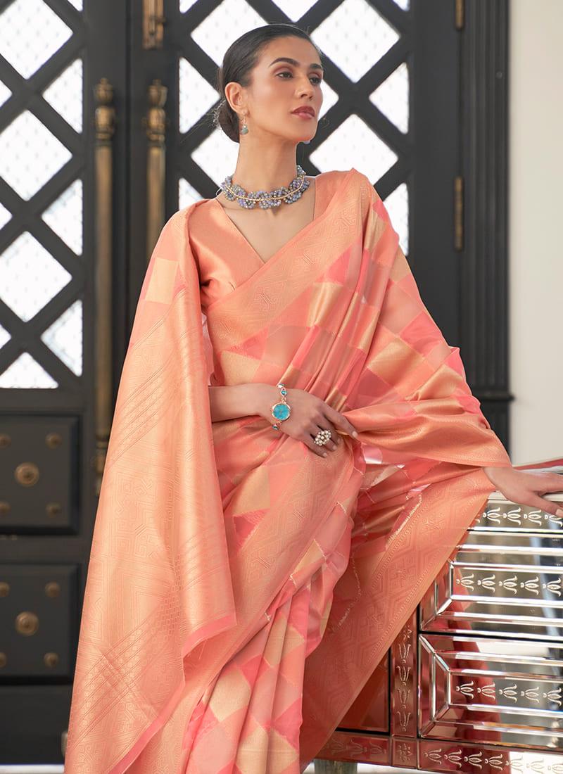 Handloom Weaving Pastel Orange Organza Leheriya Saree Cheap Sale Manchester Great Sale