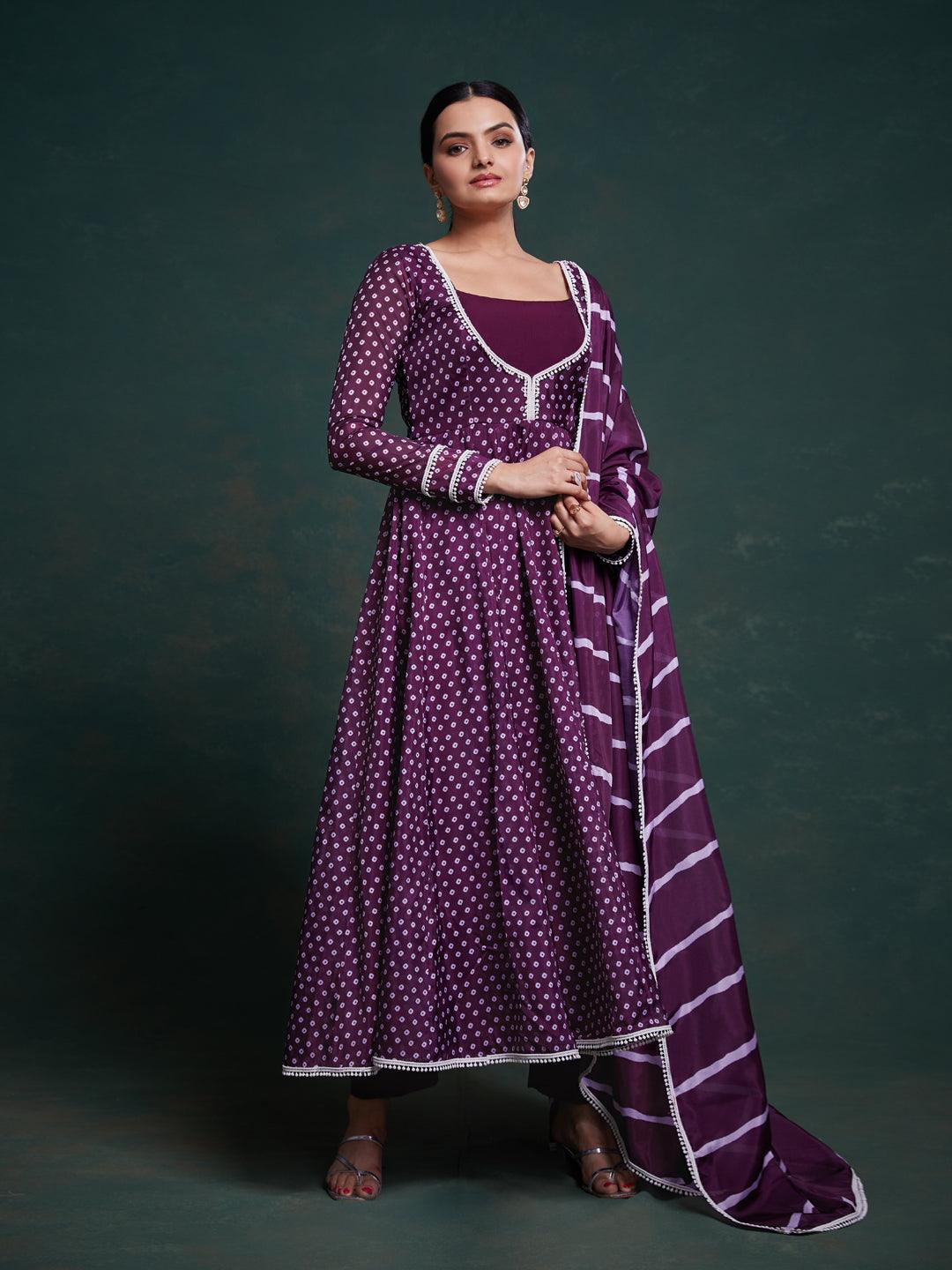 Purple bandhani pattern anarkali suit Cheap Sale Explore