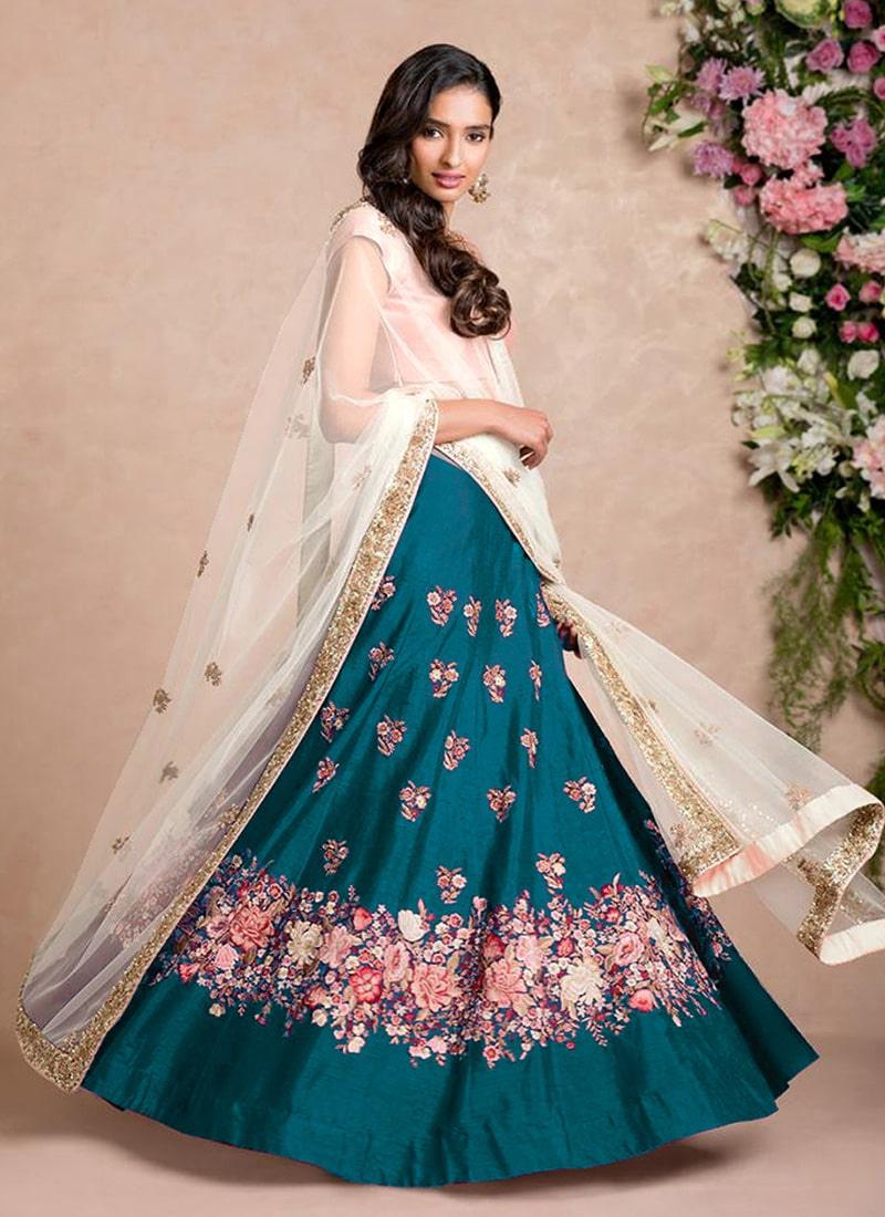 Teal Blue Lehenga Paired With Blush Pink Blouse With Dupatta Set Online Sale