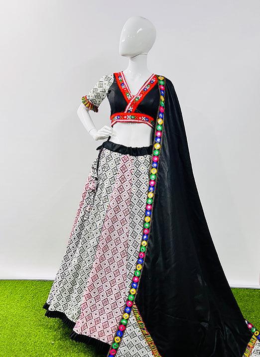 Black & White Printed Emboss Design Pure Cotton Silk Navratri Lehenga Choli Outlet Newest