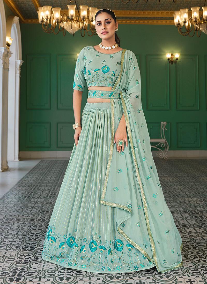 Pista Green Georgette Umbrella Lehenga Online Online Free Shipping