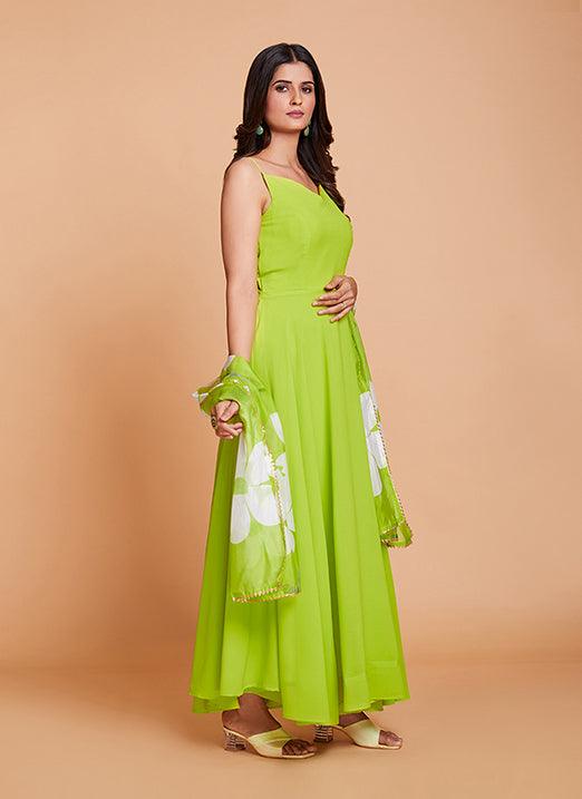 Green Plain Work Fancy Gown in Faux Georgette Outlet Discount Authentic