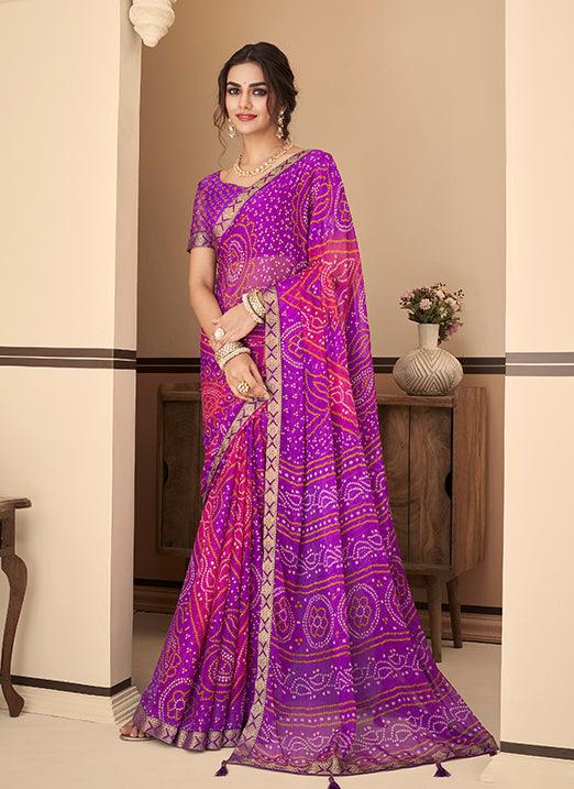 Graceful Purple & Pink Bandhani Chiffon Saree Cheap Sale Inexpensive