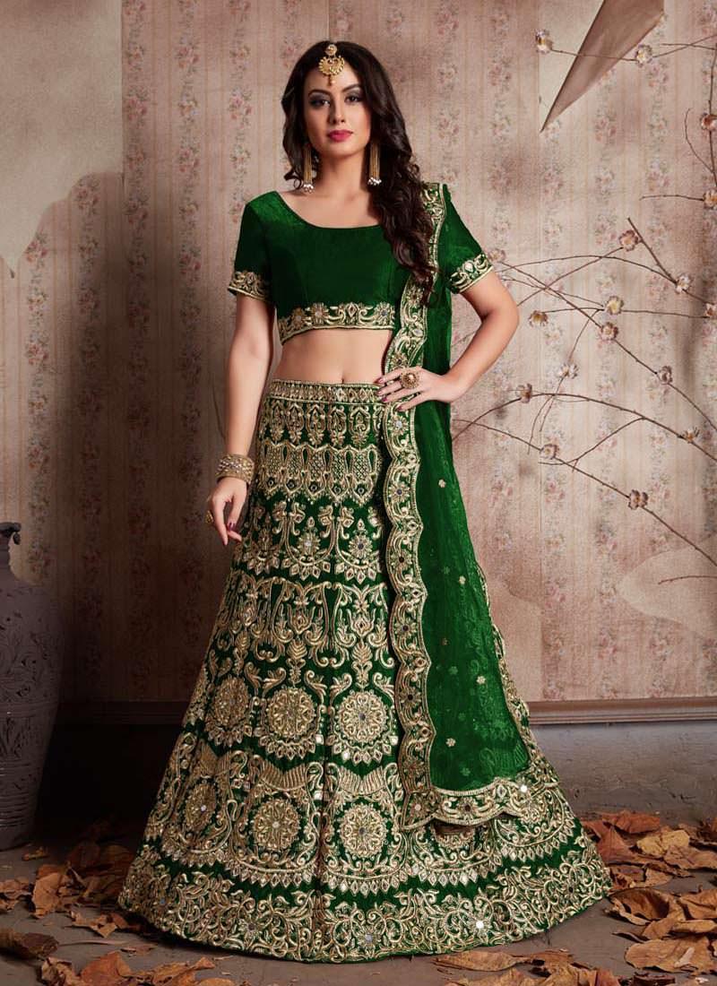 Green Heavily Embroidered Velvet Base Lehenga Choli Shipping Discount Sale