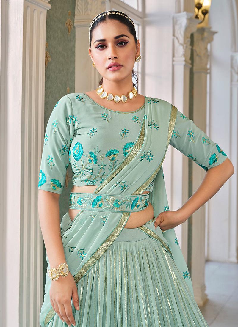 Pista Green Georgette Umbrella Lehenga Online Online Free Shipping