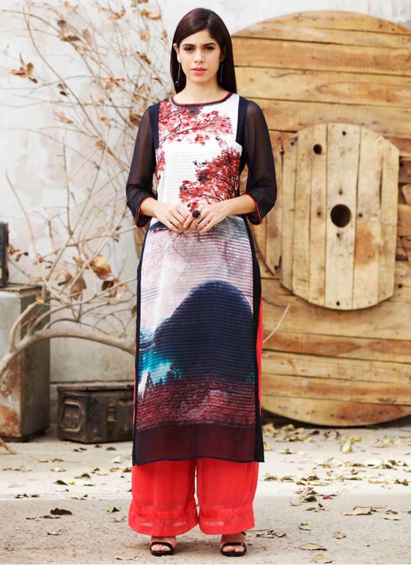 Black And White Floral Printed Long Casual Kurti Get Authentic For Sale