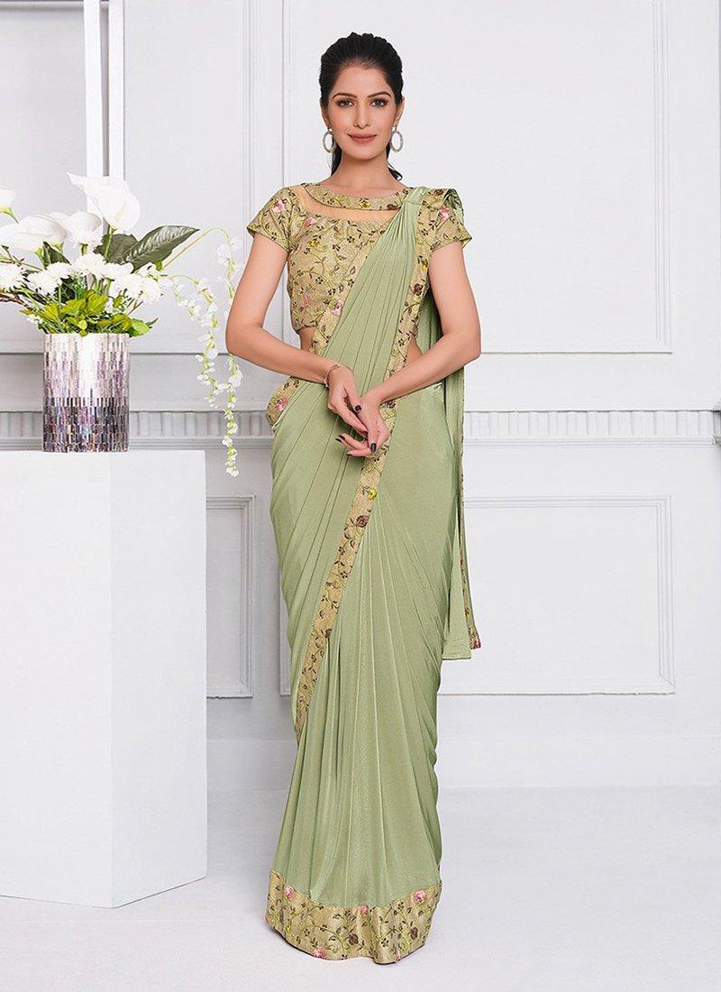 Dark Sea Green Color Lycra Fabric Resham Work Designer Embroidered Saree Cheap Low Pice