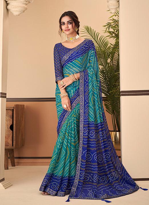 Graceful Sky Blue Bandhani Chiffon Saree Clearance Outlet