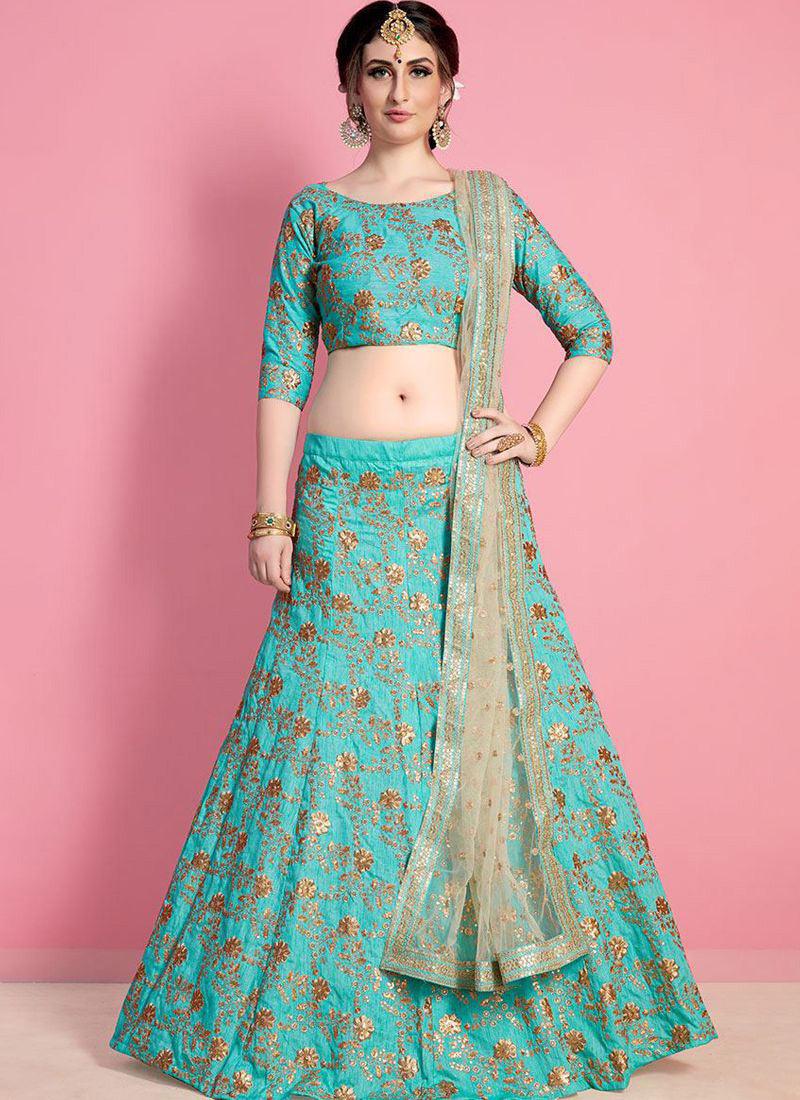 Sea Green Sequins Embellished Raw Silk Lehenga Choli High Quality For Sale