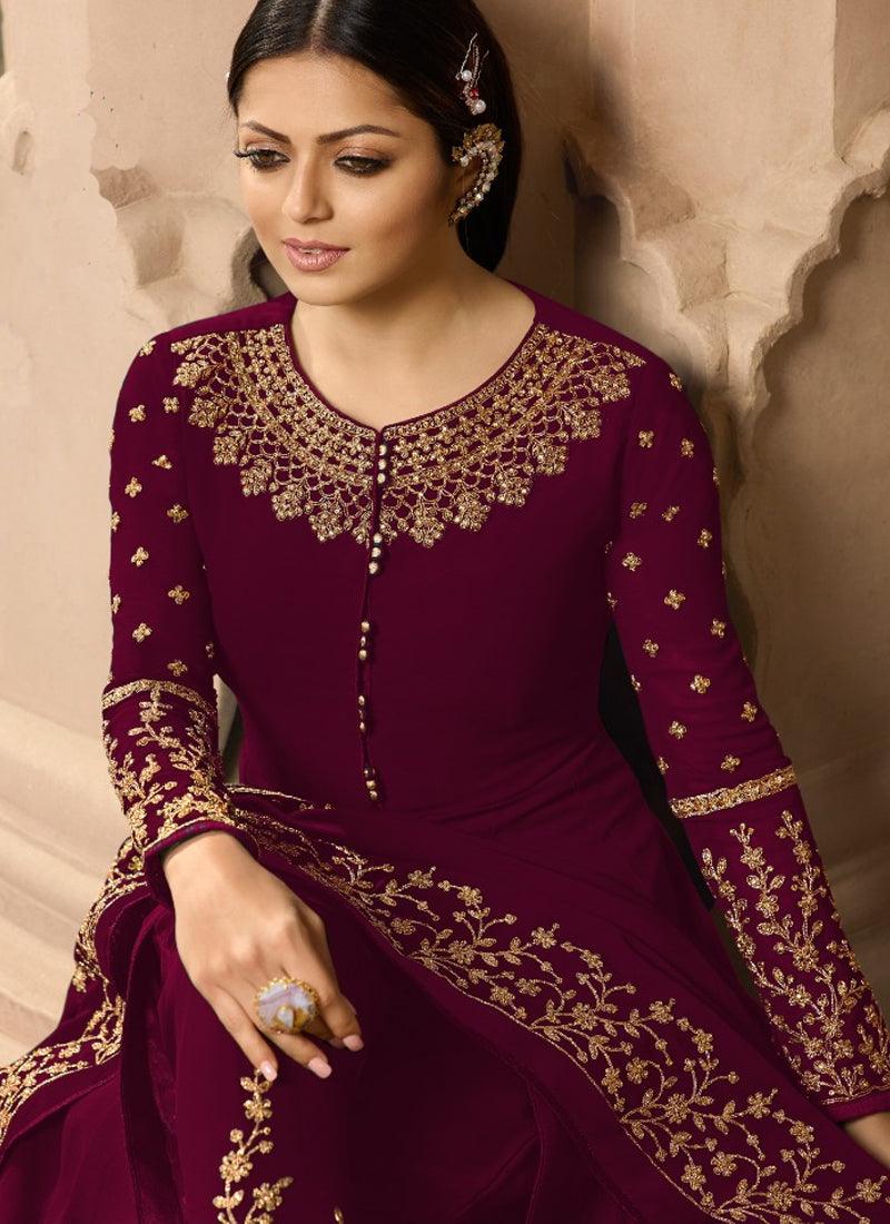 Dark Purple Georgette Base Wedding Wear Embroidery Work Anarkali Suit Outlet Fashionable