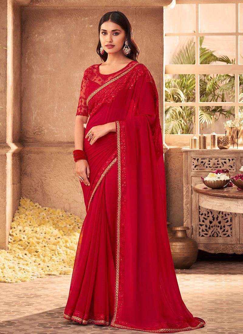 Red Color Georgette Material Saree With Sequins And Resham Work Discount Order