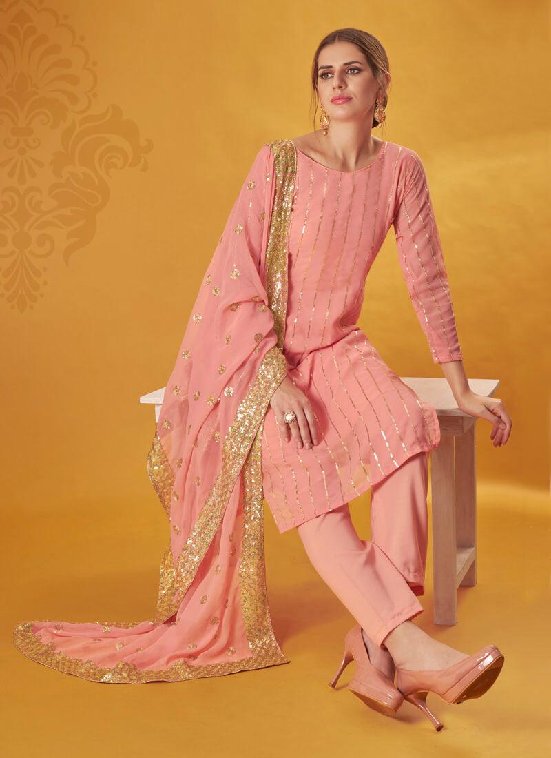 Marvellous Peach Colored Georgette Base Pant style Suit With Zari Cheap Manchester Great Sale