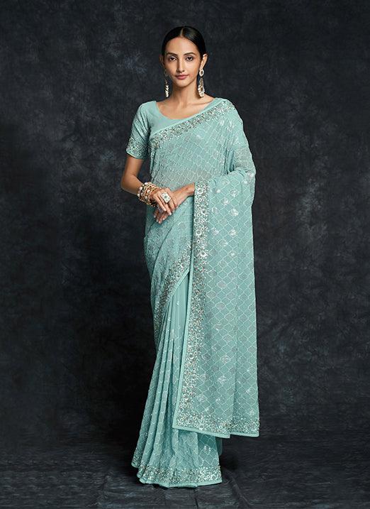 Blue Color Heavy Embroidered Saree Sale With Paypal