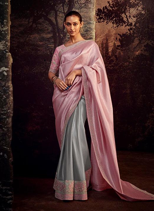 Pink And Grey Color with Weaving Embroidery Pastel Saree Sale Free Shipping