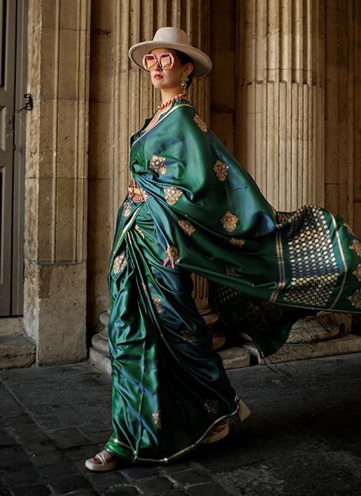 Green Pure Satin Handloom Weaved Saree from Paris Edition Sale Pick A Best