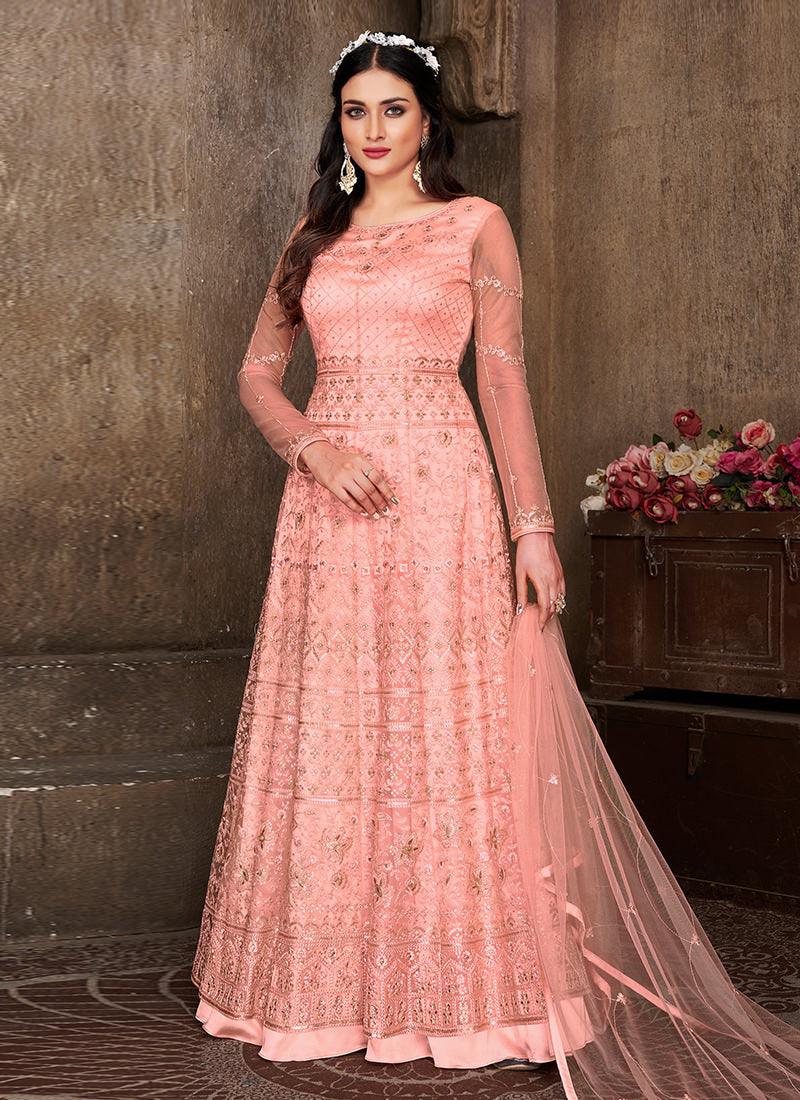 Heavy Embroidered Peach Soft Net Gown Exclusive Online