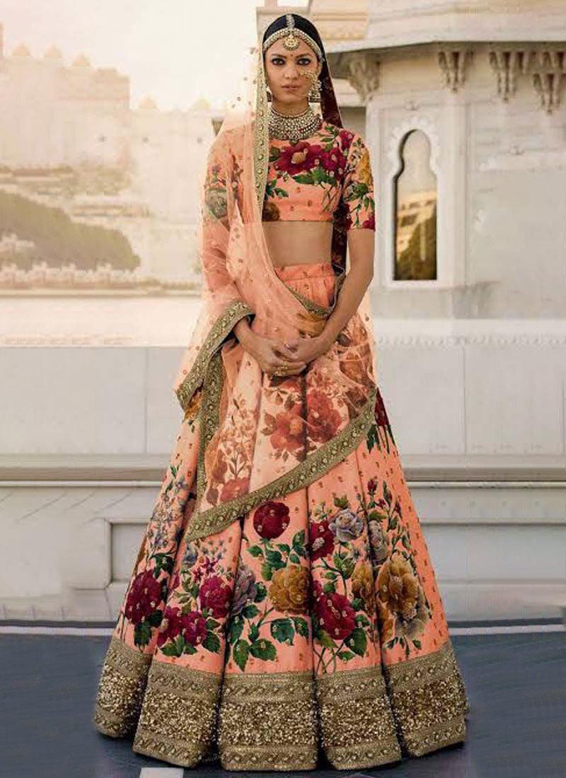 Peach Printed Pearl Work Heavily Drape Lehenga Choli Set Sast Online