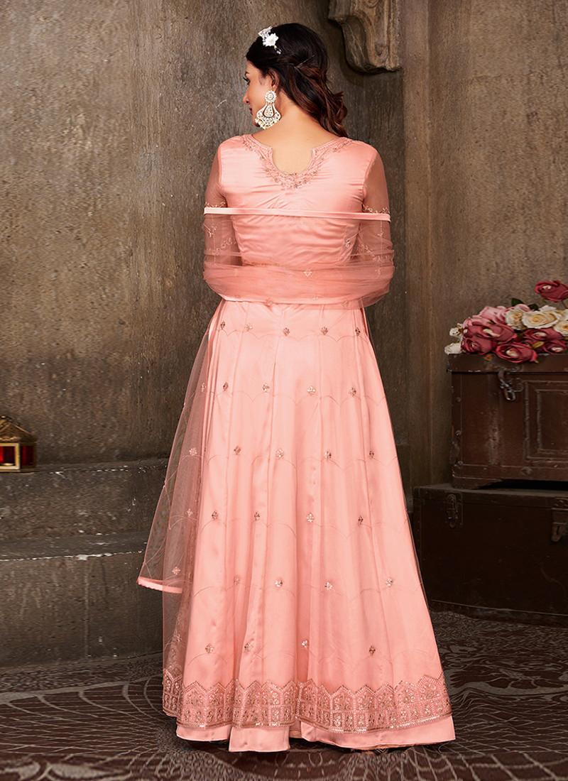 Heavy Embroidered Peach Soft Net Gown Exclusive Online