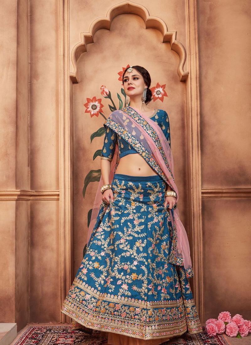 Classic Blue Color Art Silk Base Embroidered Work Lehenga Choli Deals