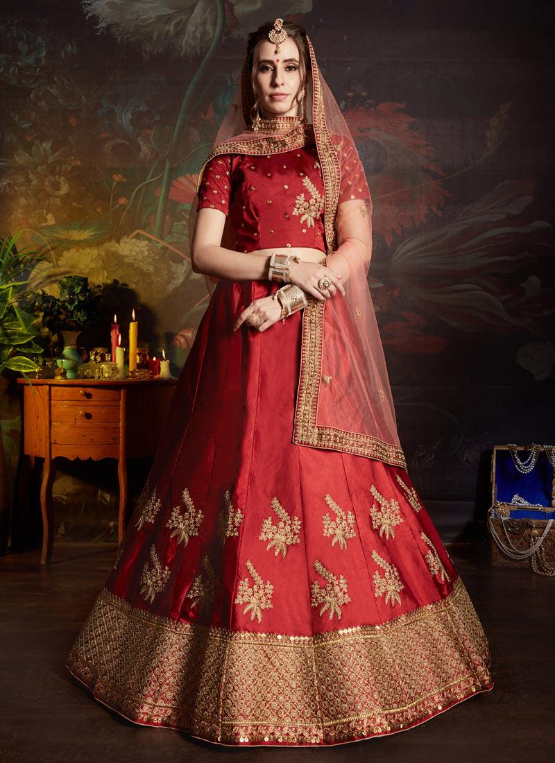 Remarkable Maroon Color Satin Base Designer Lehenga Choli Clearance Pices