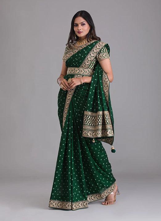 Bottle Green Color Printed Georgette Saree with Zari and Dori Work Cheap Browse