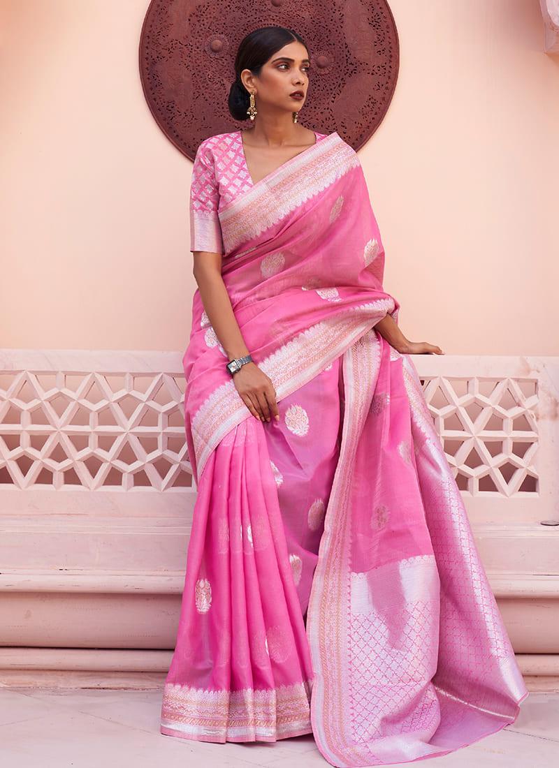 Zari Weaving Pink Linen Saree Classic Cheap Pice